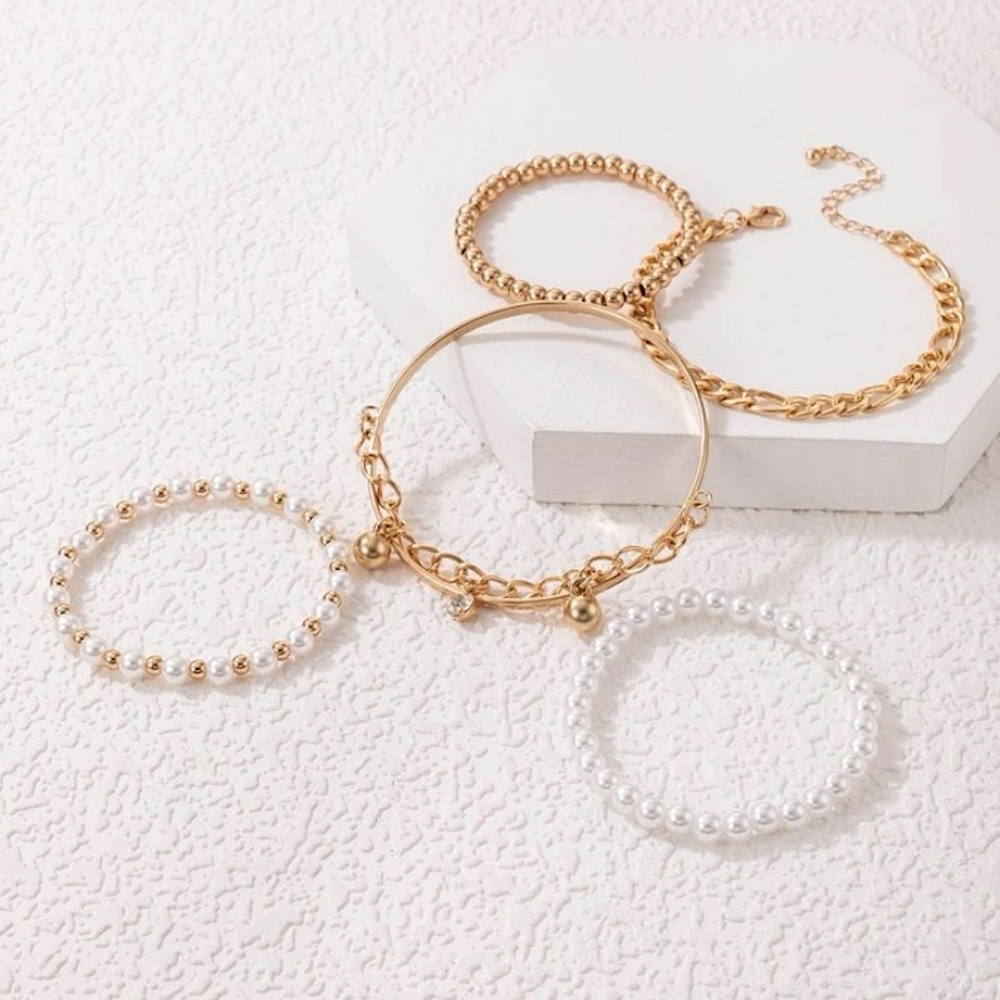 Gold Plated Chain and Faux Pearl Bracelets - set of 5 - Picture 3 of 5